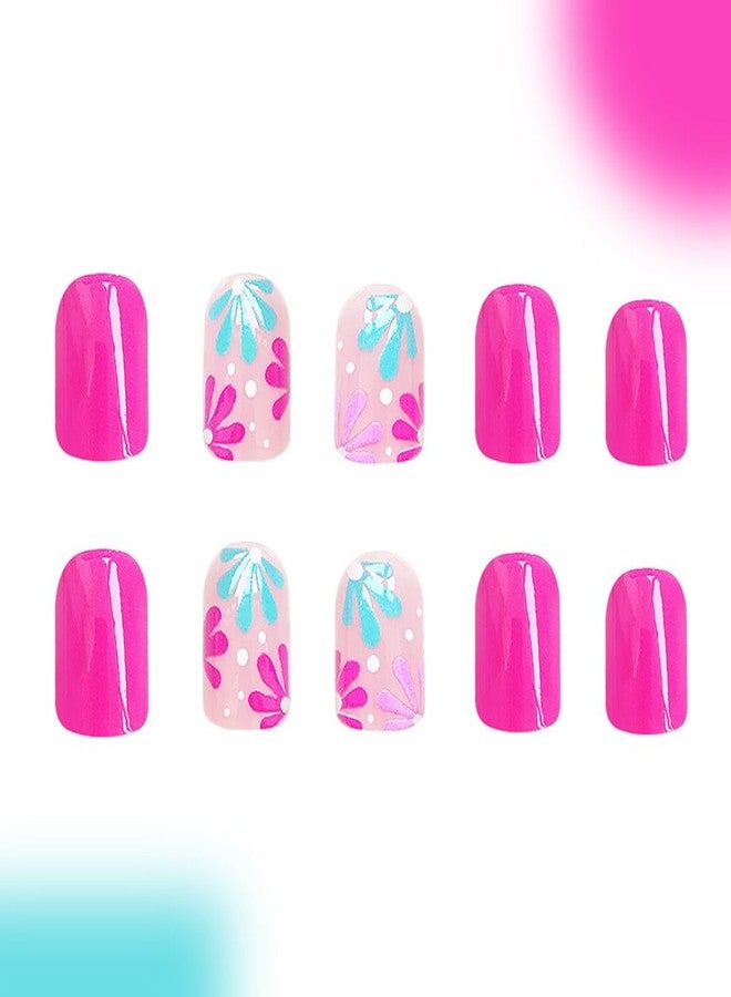 WAFOLOZE Press On Nails Short, Acrylic Nail Press ons, Short Square Press on Nails Fake Nails Glossy Red False Nails with Blue Pink Flowers Press ons Design Artificial Stick on Nails for Women 24Pcs - Image 4